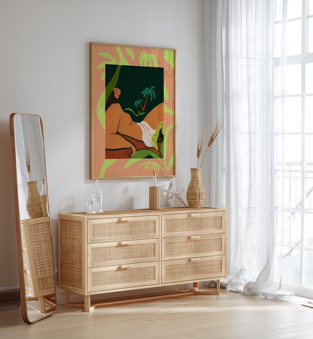 Window By Arty Guava Wall Art Prints in Oak Wood Plain Frame placed on a White Colored Wall above a Console Table in the Drawing Room 