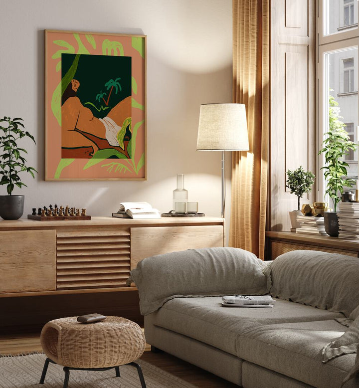 Window By Arty Guava Wall Art Prints in Oak Wood Plain Frame placed on a Cream Colored Wall above a Console Table near a Grey Sofa in the Living Room