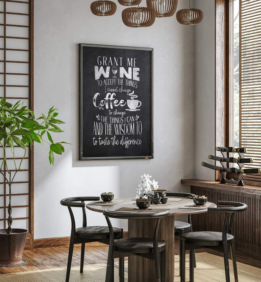 Wine And Coffee Bar Art Prints Cafe Posters in Dark Wood Plain Frame placed on a White Colored Wall near a Coffee Table in the Dining Room