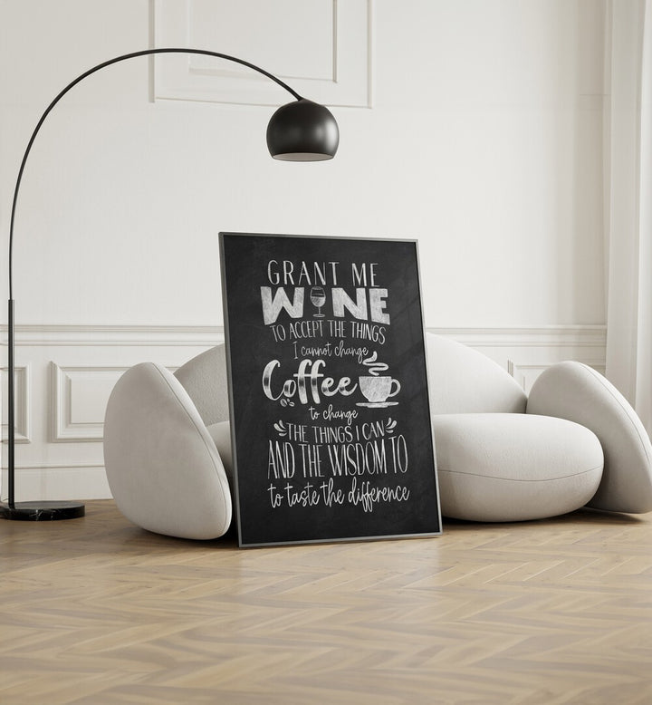 Wine And Coffee Bar Art Prints Cafe Posters in Black Plain Frame placed on the floor near a White Sofa in the Living Room