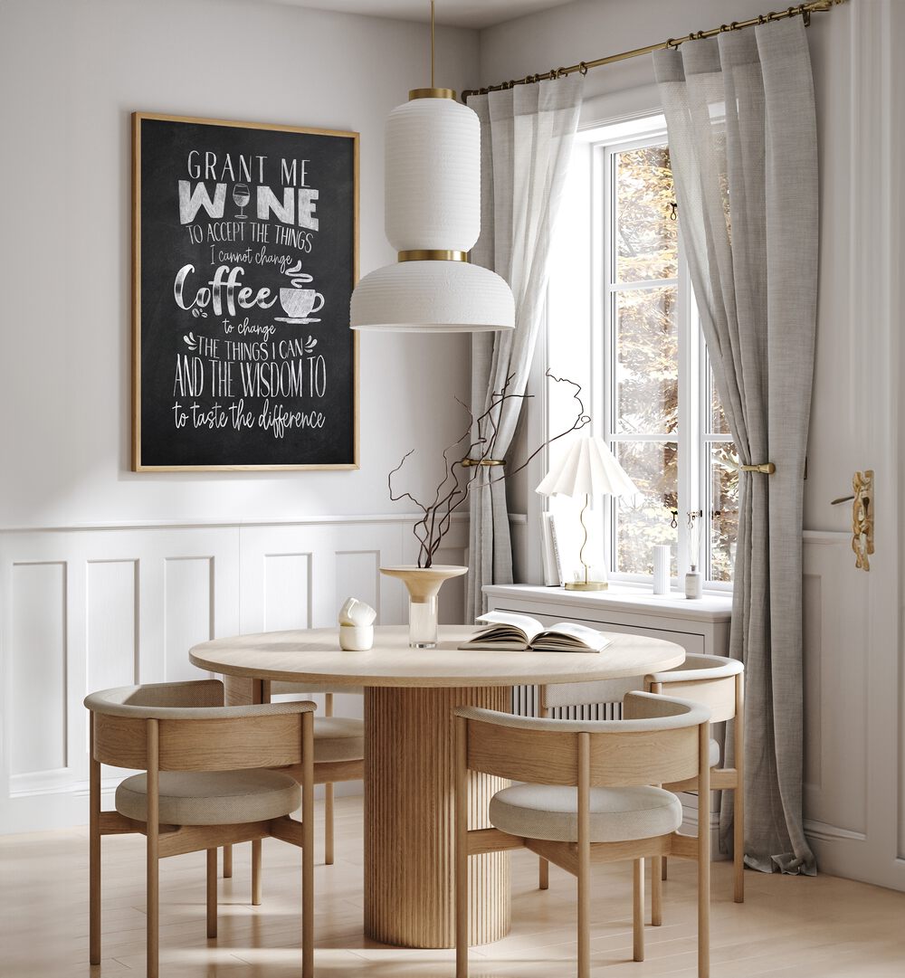 Wine And Coffee Bar Art Prints Cafe Posters in Oak Wood Plain Frame placed on a White Colored Wall near a Coffee Table in the Dining Room