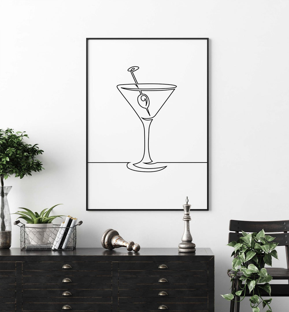 Wine Glass Cafe Art Prints Cafe Posters in Black Plain Frame placed on a wall behind a console table