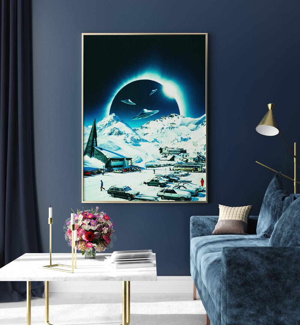 Winter Eclipse Surreal Paintings Surreal Art Prints in Gold Plain Frame placed on a Blue Colored Wall  near a Blue Sofa in the Living Room