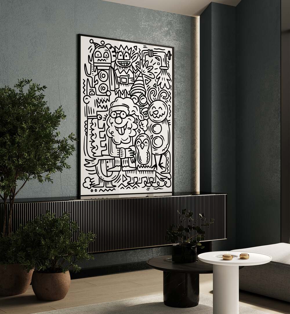 Winter Holidays Doodle II Doodle Art Painting in Black Plain Frame it is place on the table beside the tree