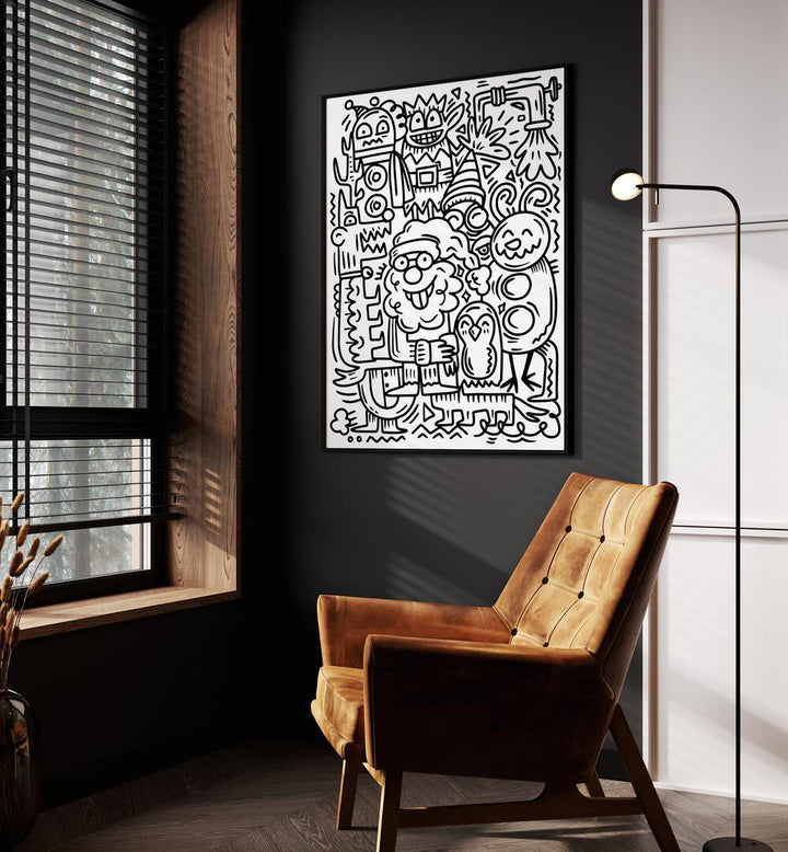 Winter Holidays Doodle II Doodle Art Painting in Black Plain Frame it is placed on the wall behind the chair and beside the window