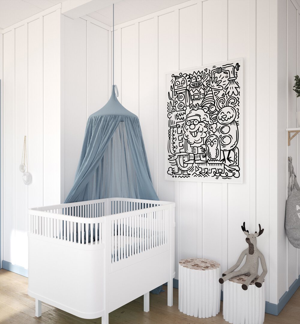 Winter Holidays Doodle II Doodle Art Painting in Gallery Wrap it is placed on the wall infant the bed