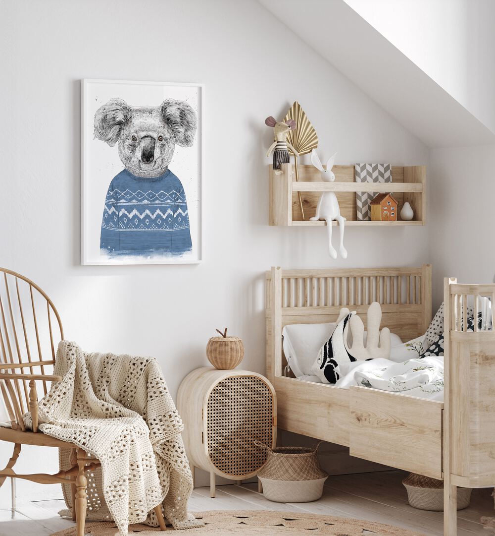 Winter Koala Blue By Balazs Solti Kids Room Art in White Plain Frame placed on a White Colored Wall in the Kids Room