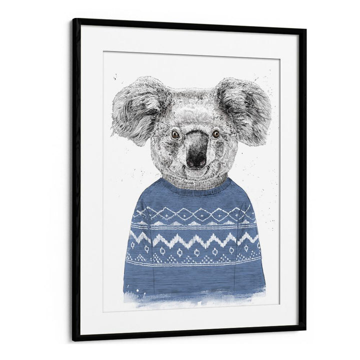 Winter Koala Blue By Balazs Solti Kids Room Art in Black Frame With Mount