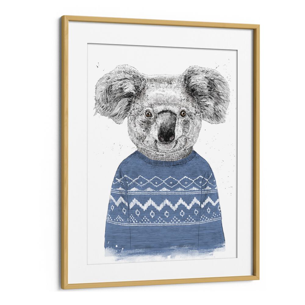 Winter Koala Blue By Balazs Solti Kids Room Art in Oak Wood Frame With Mount