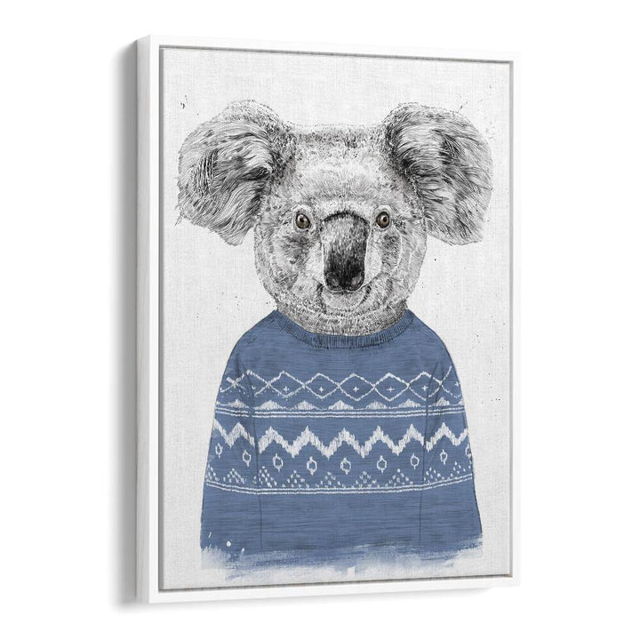 Winter Koala Blue By Balazs Solti Kids Room Art in White Floater Frame