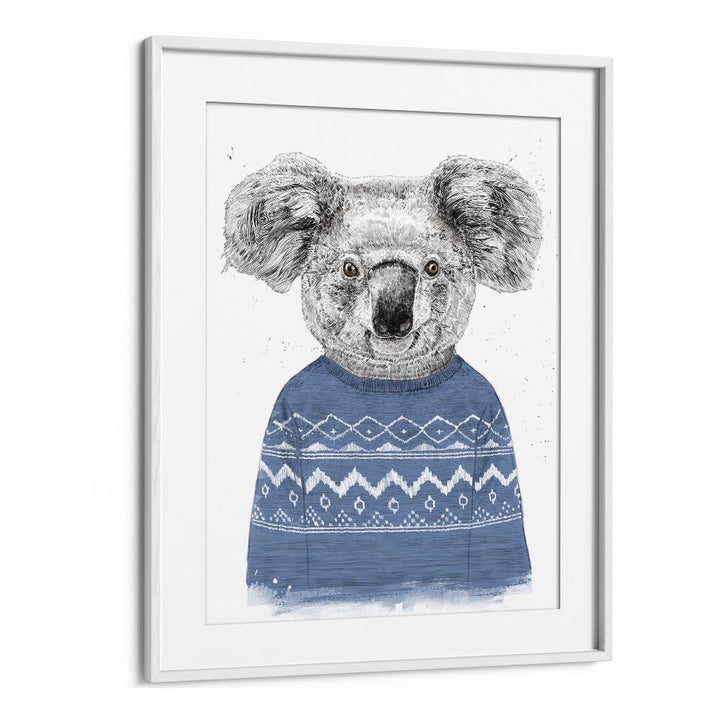 Winter Koala Blue By Balazs Solti Kids Room Art in White Frame With Mount