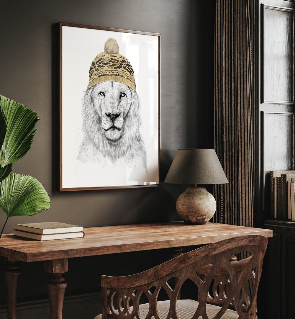 Winter Lion By Balazs Solti Kids Room Art in Dark Wood Plain Frame placed on a Brown Colored Wall near a Study Table in the Drawing Room