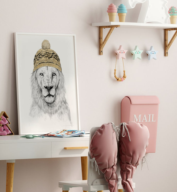 Winter Lion By Balazs Solti Kids Room Art in White Plain Frame placed on a Study Table near a White Colored Wall in the Kids Room