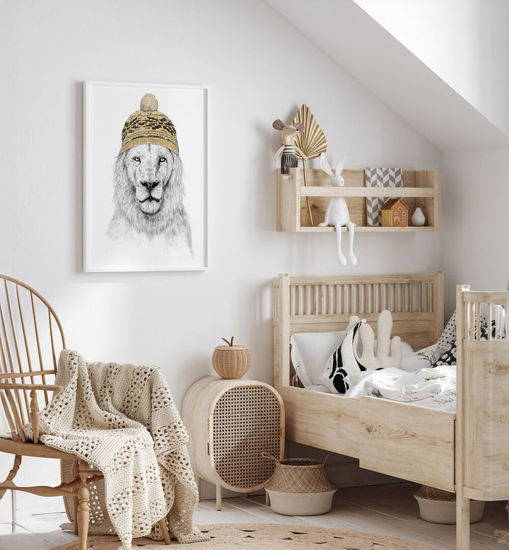 Winter Lion By Balazs Solti Kids Room Art in White Plain Frame placed on a White Colored Wall in the Kids Room