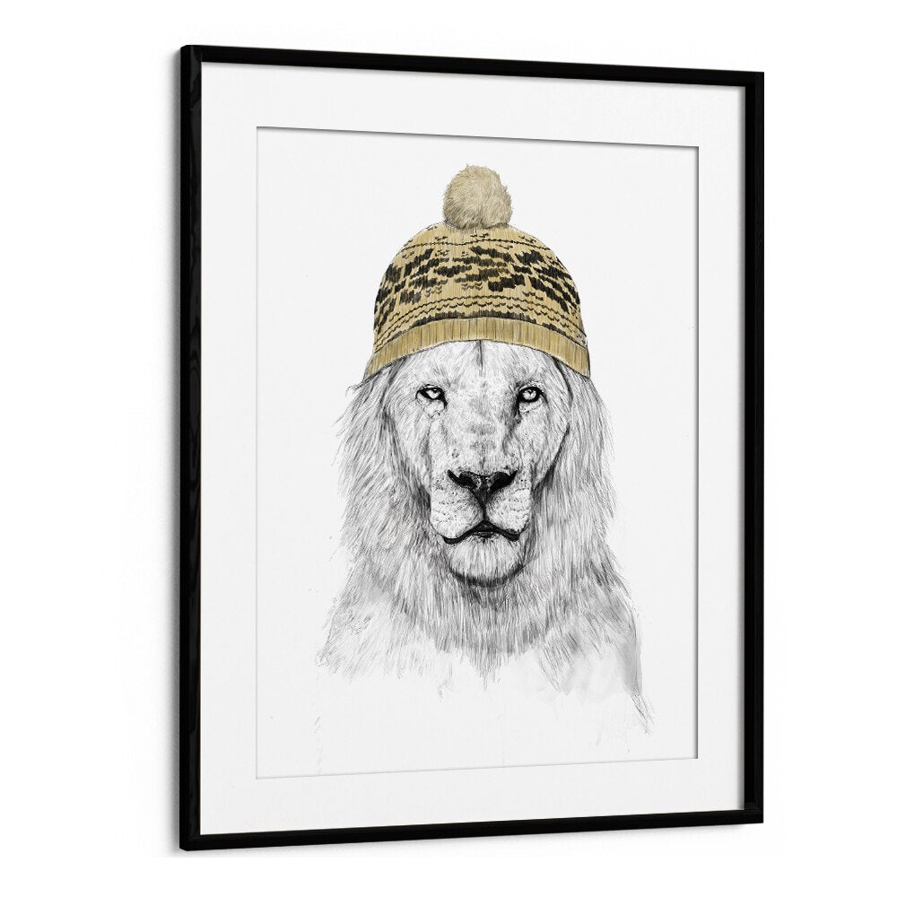 Winter Lion By Balazs Solti Kids Room Art in Black Frame With Mount