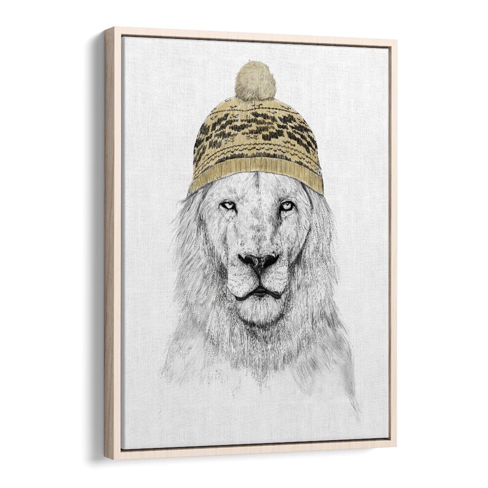 Winter Lion By Balazs Solti Kids Room Art in Oak Wood Floater Frame