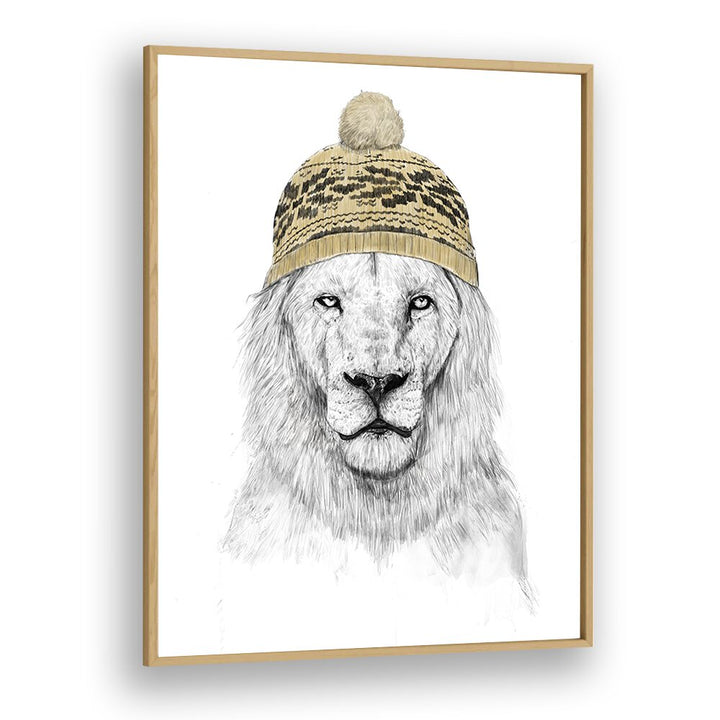 Winter Lion By Balazs Solti Kids Room Art in Oak Wood Plain Frame