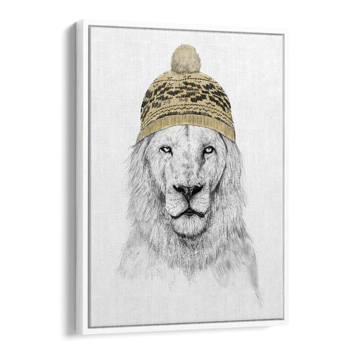 Winter Lion By Balazs Solti Kids Room Art in White Floater Frame