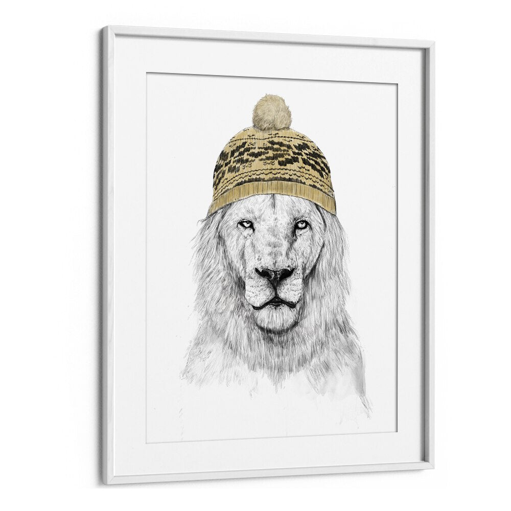 Winter Lion By Balazs Solti Kids Room Art in White Frame With Mount