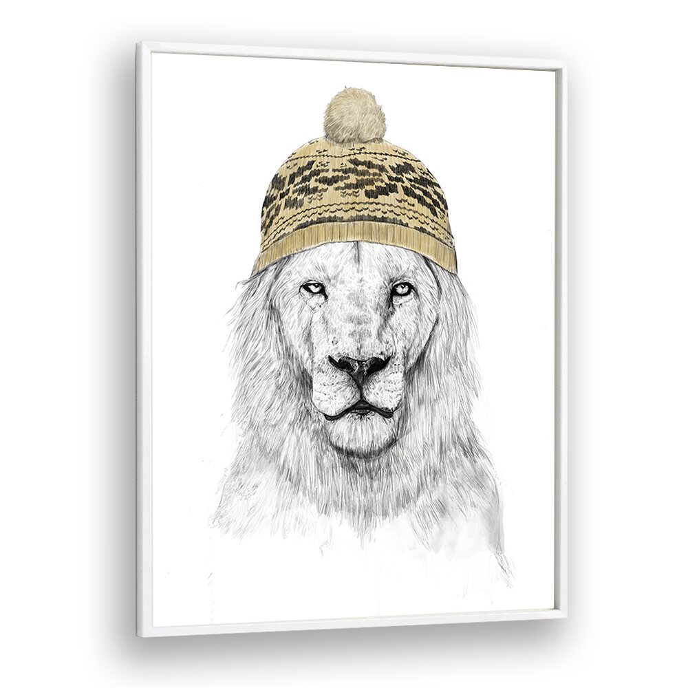 Winter Lion By Balazs Solti Kids Room Art in White Plain Frame