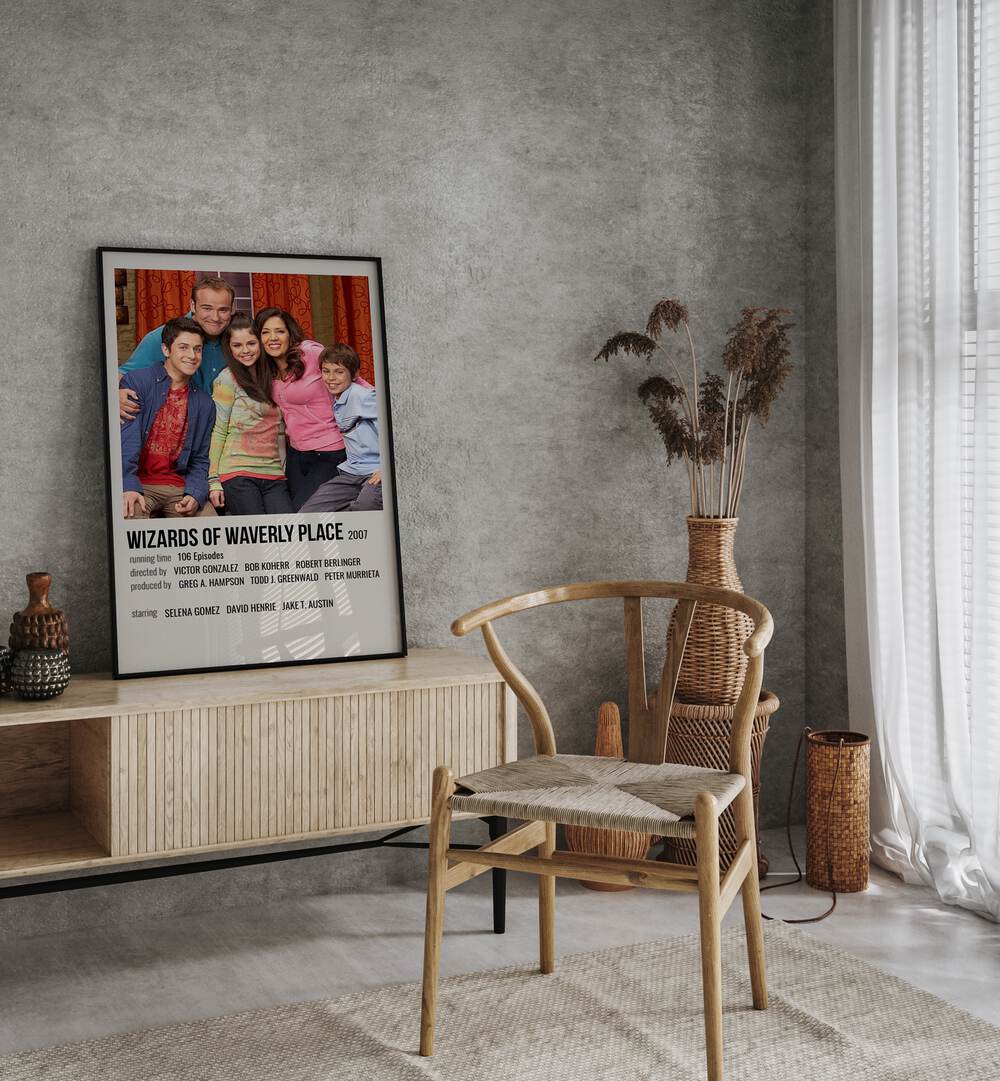 Wizards of Waverly Place 2007 Movie Posters in Black Plain Frame placed on a console table behind a chair