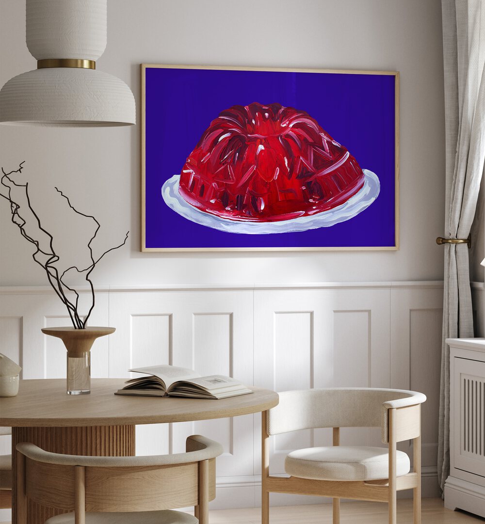 Wobbly Jelly by Alice Straker Cafe Art Prints Cafe Posters in Oak Wood Plain Frame placed on a wall in a study room area beside a window and behind a table