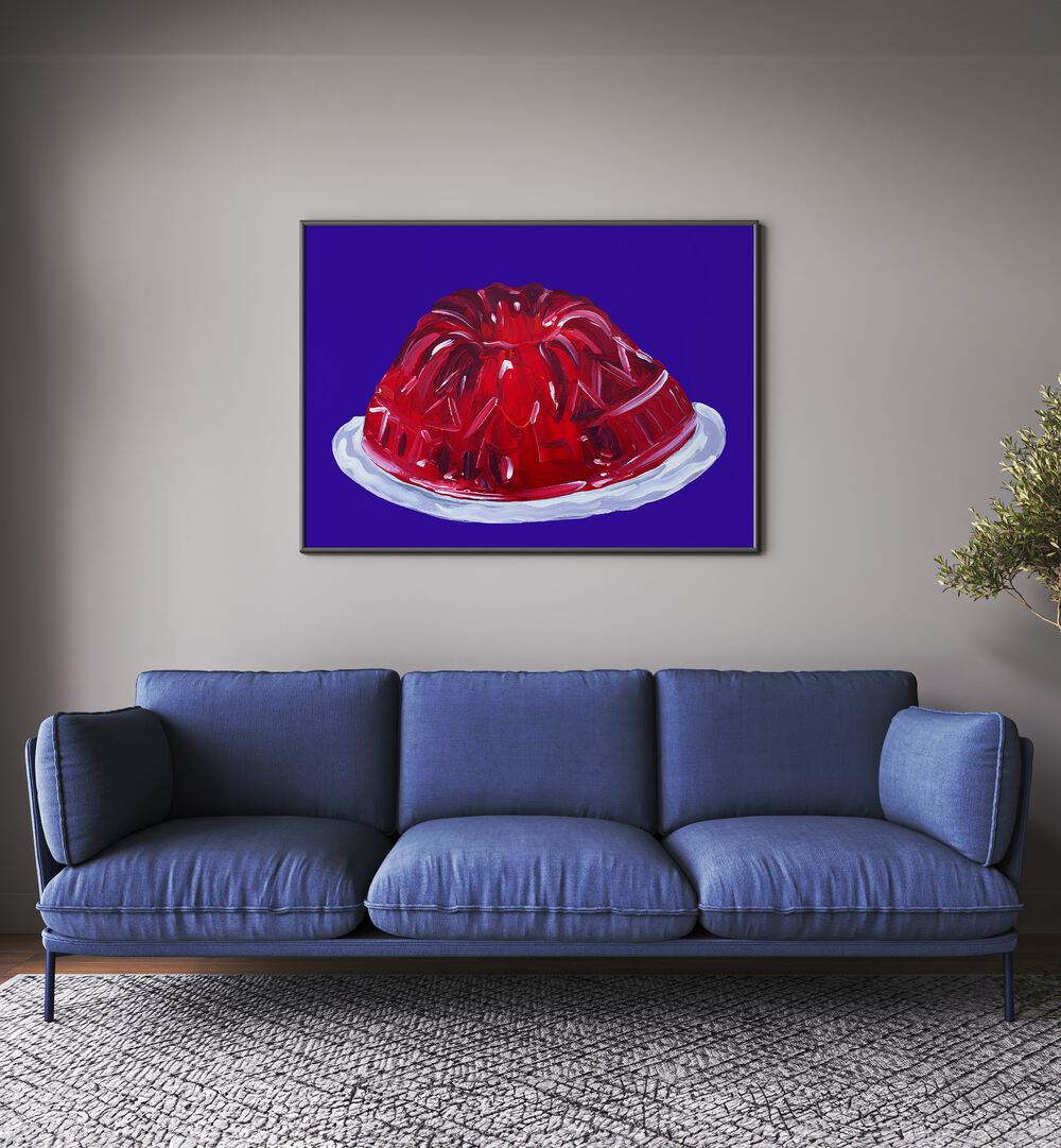 Wobbly Jelly by Alice Straker Cafe Art Prints Cafe Posters in Black Plain Frame placed on a wall behind a blue sofa 