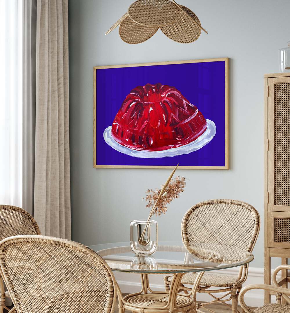 Wobbly Jelly by Alice Straker Cafe Art Prints Cafe Posters in Oak Wood Plain Frame placed on a wall in a dining room area beside a window and behind a dining table