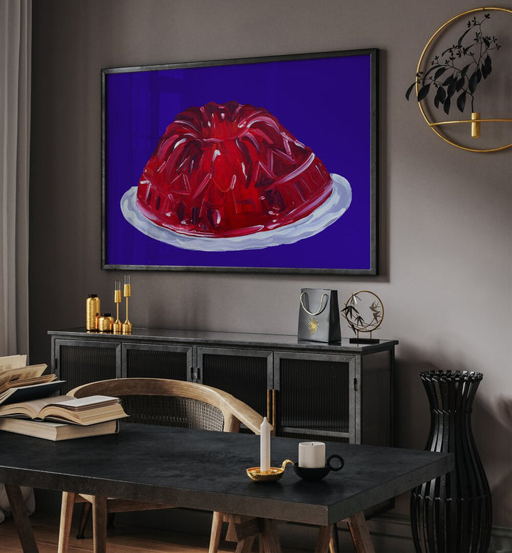 Wobbly Jelly by Alice Straker Cafe Art Prints Cafe Posters in Black Plain Frame placed on a wall behind a black console table 