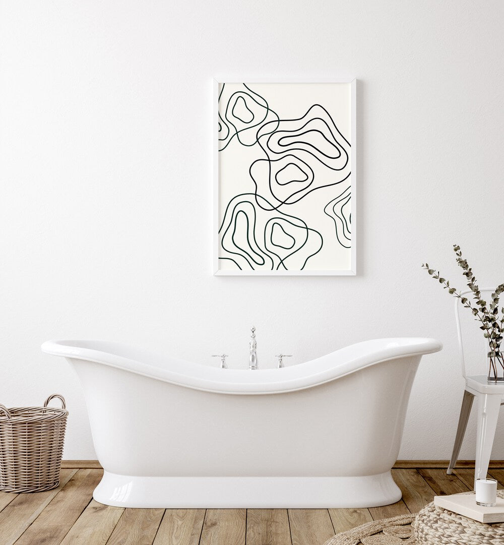 Wobbly Woo By Grishma Korjani Line Art Prints in White Plain Frame placed on a White Colored Wall near a Bathtub in the Bathroom