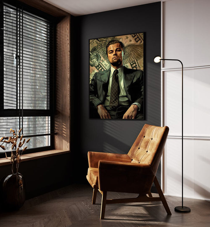 Wolf Of Wall Street Art I Movie Posters in Black Plain Frame placed on a Dark Grey Colored Wall near a Brown Sofa Chair in the Drawing Room