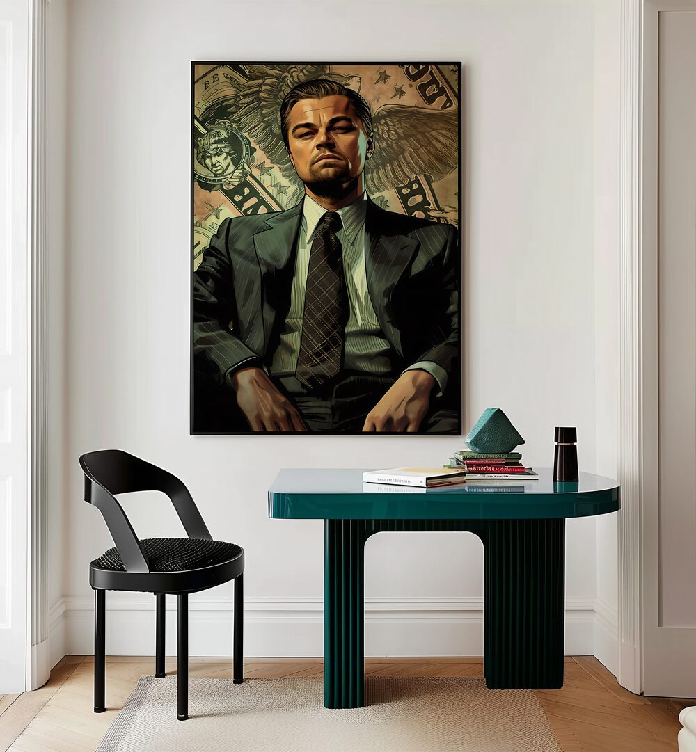 Wolf Of Wall Street Art I Movie Posters in Black Plain Frame placed on a Cream Colored Wall near a Study Table in a Workspace in the Drawing Room