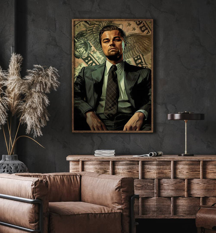 Wolf Of Wall Street Art I Movie Posters in Oak Wood Plain Frame placed on a Dark Grey Colored Wall above a Console Table near a Brown  Sofa Chair in the Living Room