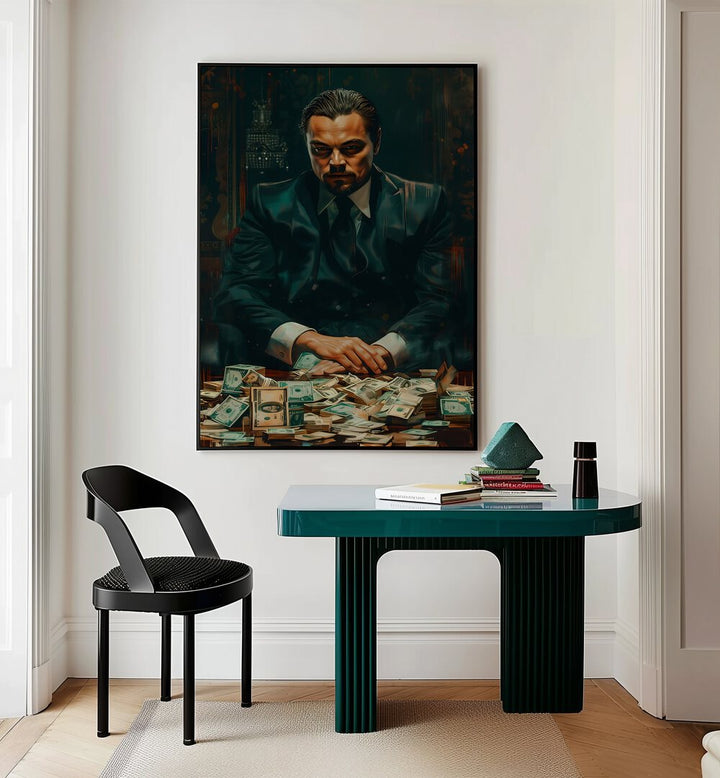 Wolf Of Wall Street Art II Movie Posters in Black Plain Frame placed on a Cream Colored Wall near a Study Table in a Workspace in the Drawing Room