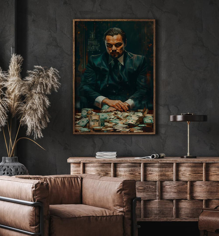 Wolf Of Wall Street Art II Movie Posters in Oak Wood Plain Frame placed on a Dark Grey Colored Wall above a Console Table near a Brown  Sofa Chair in the Living Room