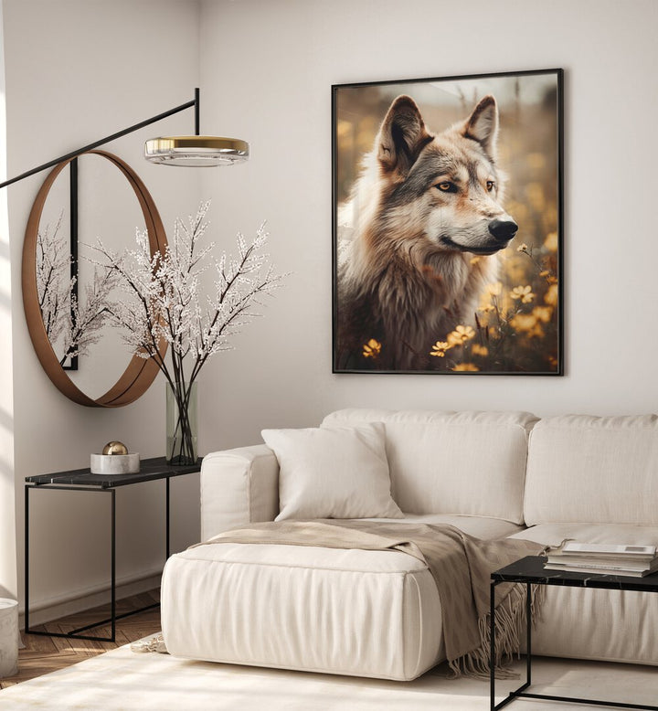 Wolfhound By Treechild Wildlife Art Prints in Black Plain Frame placed on a Cream Colored Wall near a Beige Sofa in the Living Room