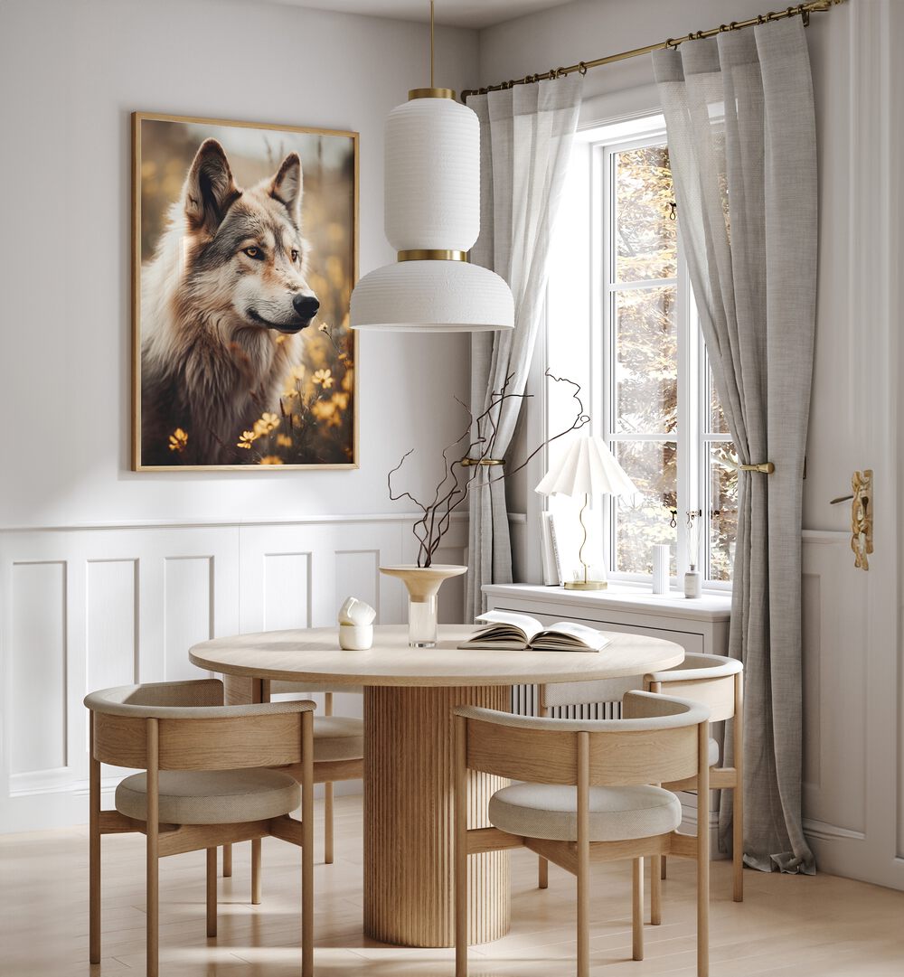 Wolfhound By Treechild Wildlife Art Prints in Oak Wood Plain Frame placed on a White Colored Wall near a Dining Table in the Dining Room