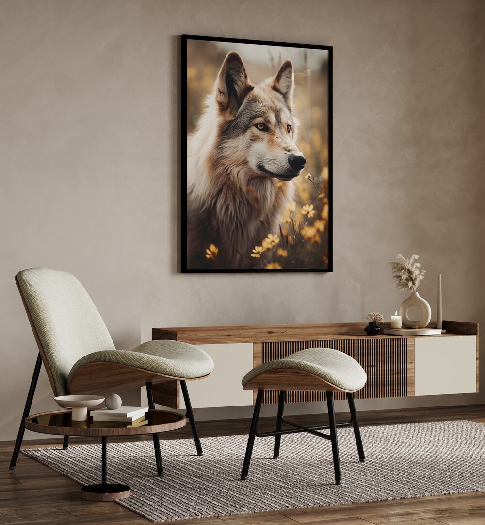 Wolfhound By Treechild Wildlife Art Prints in Black Plain Frame placed on a Beige Colored Wall above a Console Table in the Drawing Room