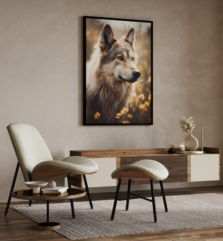 Wolfhound By Treechild Wildlife Art Prints in Black Plain Frame placed on a Beige Colored Wall above a Console Table in the Drawing Room