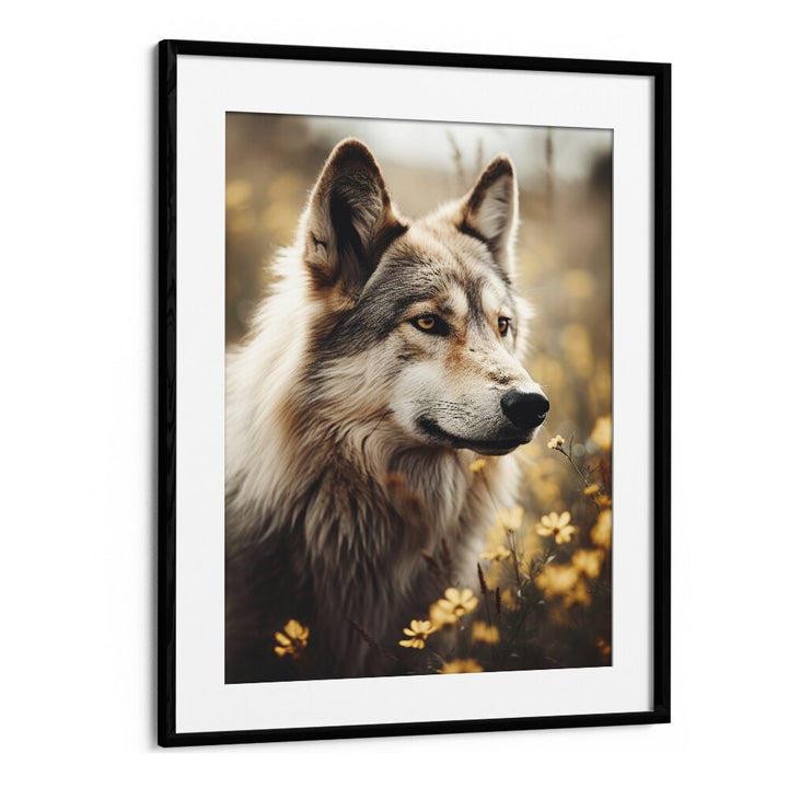 Wolfhound By Treechild Wildlife Art Prints in Black Frame With Mount