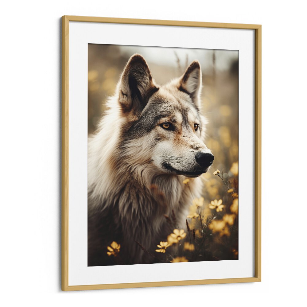 Wolfhound By Treechild Wildlife Art Prints in Oak Wood Frame With Mount