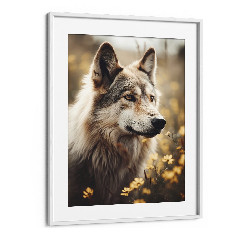 Wolfhound By Treechild Wildlife Art Prints in White Frame With Mount