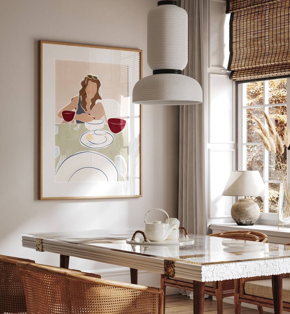 Woman Dining In A Restaurant By Ivy Green Women Illustration Paintings in Oak Wood Frame With Mount on a white wall behind a dining area beside a window for dining area