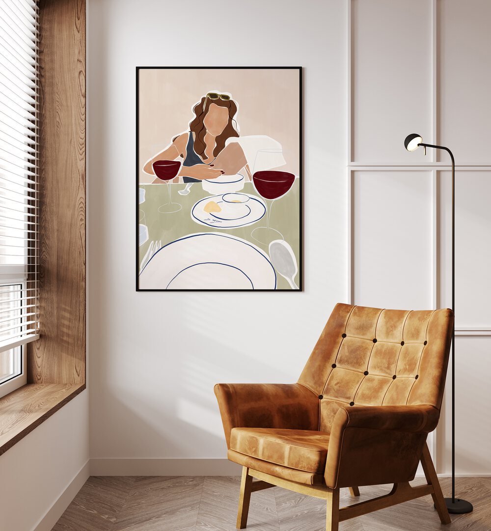 Woman Dining In A Restaurant By Ivy Green Women Illustration Paintings in Black Plain Frame on a white wall beside a window 