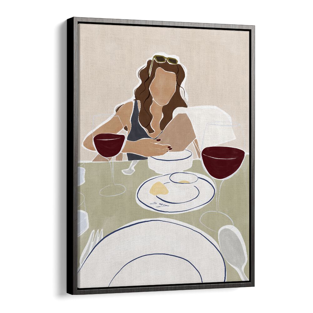 Woman Dining In A Restaurant By Ivy Green Women Illustration Paintings in Black Floater Frame