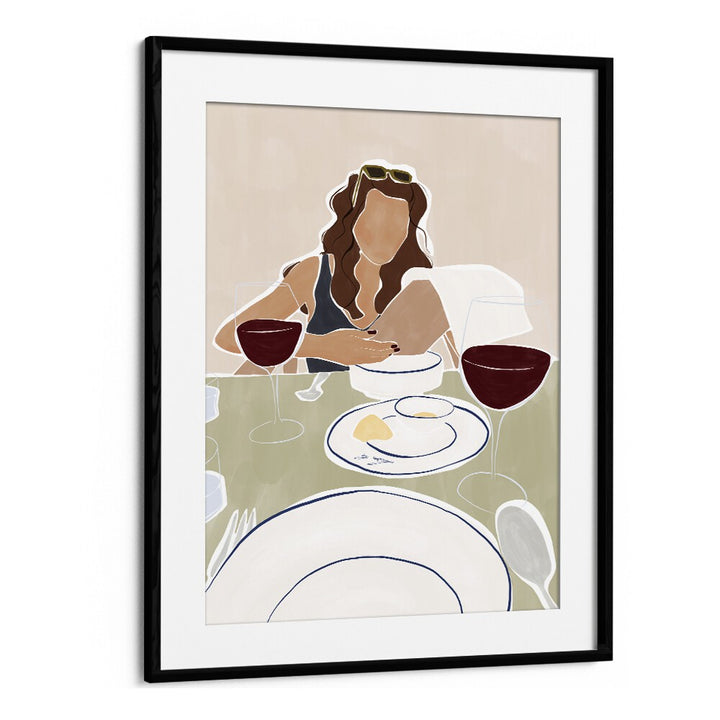 Woman Dining In A Restaurant By Ivy Green Women Illustration Paintings in Black Frame With Mount