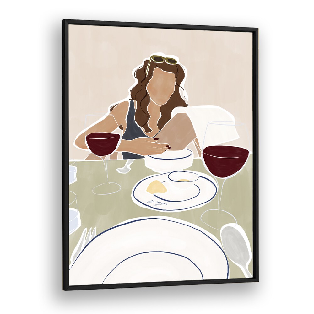 Woman Dining In A Restaurant By Ivy Green Women Illustration Paintings in Black Plain Frame