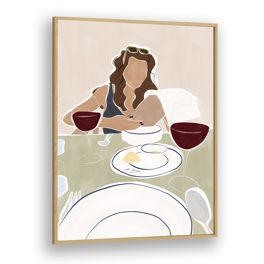 Woman Dining In A Restaurant By Ivy Green Women Illustration Paintings in Oak Wood Plain Frame