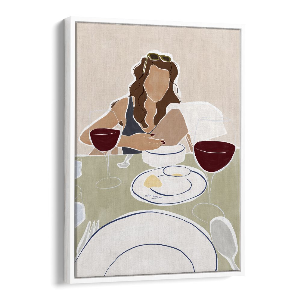 Woman Dining In A Restaurant By Ivy Green Women Illustration Paintings in White Floater Frame