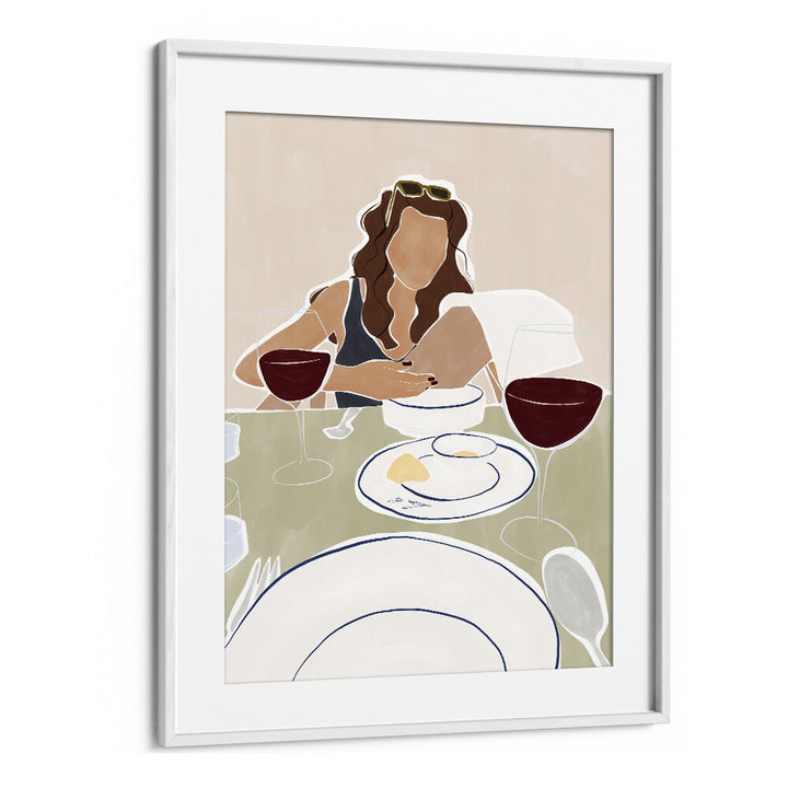 Woman Dining In A Restaurant By Ivy Green Women Illustration Paintings in White Frame With Mount